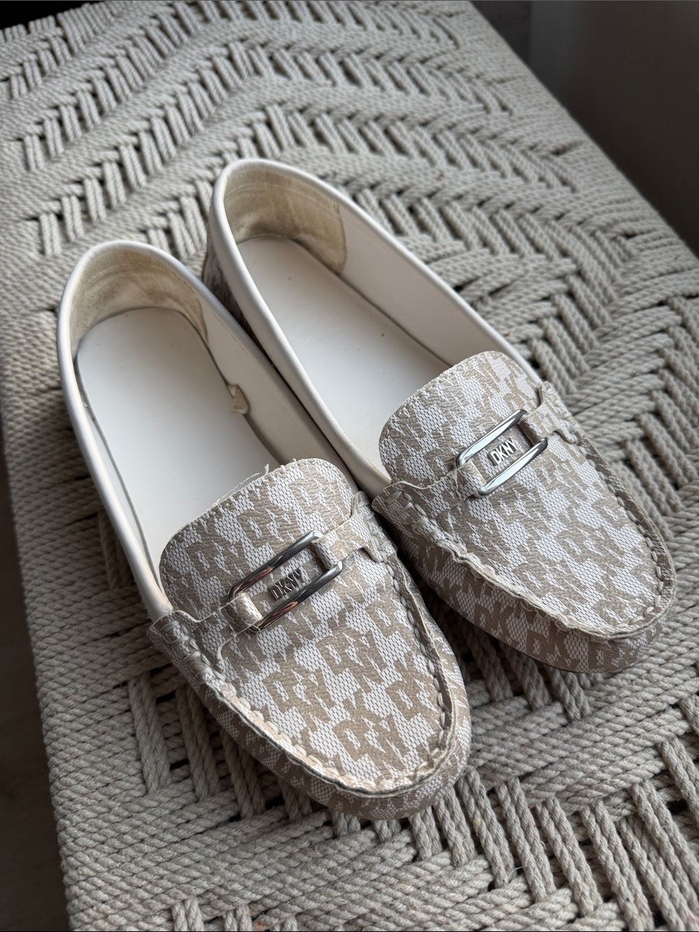 DKNY Beige Monogram Canvas Loafers with Silver Logo Bit
